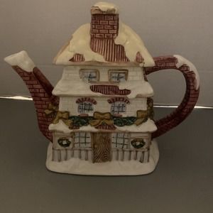 Christmas Teapot with Lid Decorative Winter Village House Ceramic
